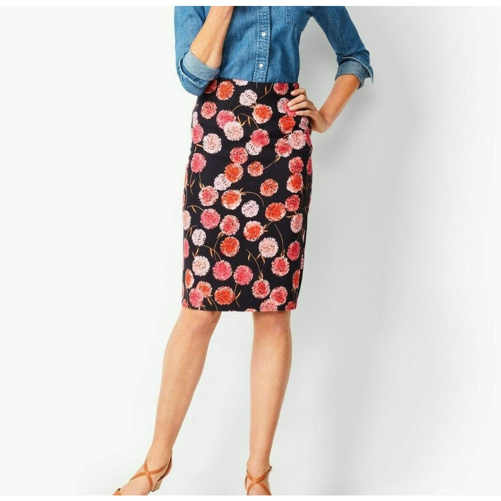 Talbots Petite Floral Pencil Skirt Back Vent Slit Black Pink Coral Size 8P NWT